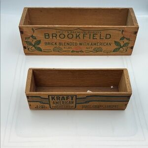 2 vintage wooden crate boxes/craft American cheese, and Brookfield